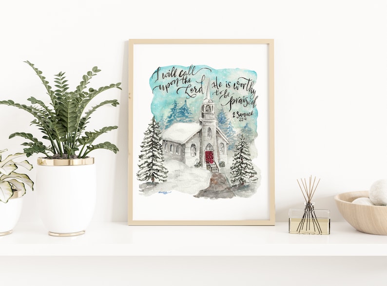 Scripture Watercolor Ice Winter Church Watercolor Scripture Verse Print, I Will Call Upon the ...