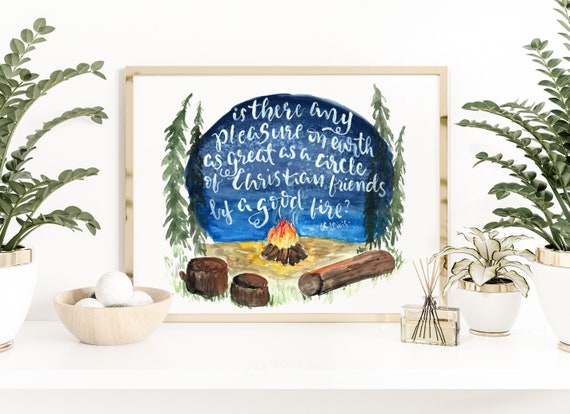 CS Lewis Friendship Quote watercolor print, friendship handlettering art, campfire summer painting