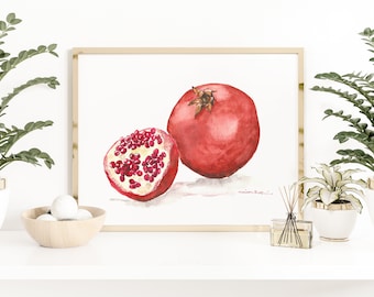 Pomegranate watercolor print - fruit still life, colorful pomegranate painting