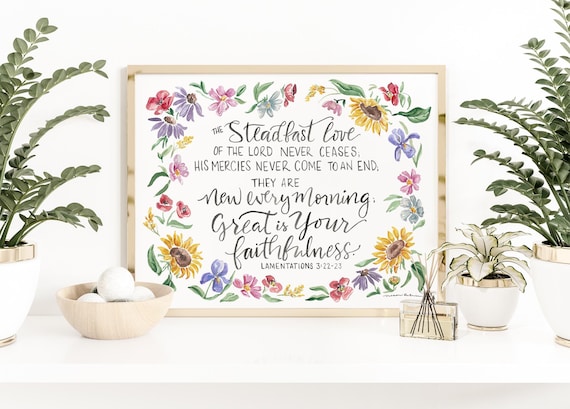 Lamentations 3:22-23 Bible Verse Print, Watercolor Floral Scripture Art, Christian Wall Decor