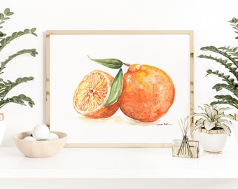 Orange watercolor print - fruit still life, bright orange painting