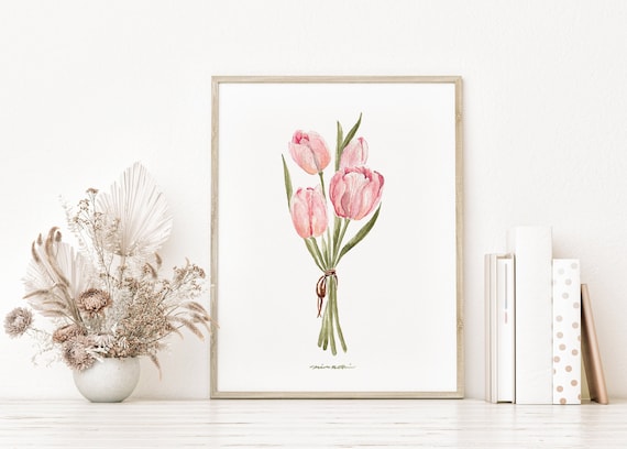 Watercolor pink tulip flowers - Botanical Art Watercolor, easter decor, spring watercolor