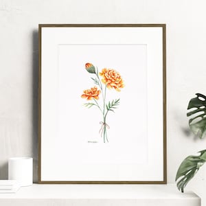 Watercolor marigold flowers - Botanical Art Watercolor, birth month flowers - October
