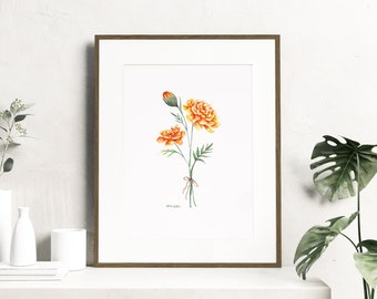 Watercolor marigold flowers - Botanical Art Watercolor, birth month flowers - October