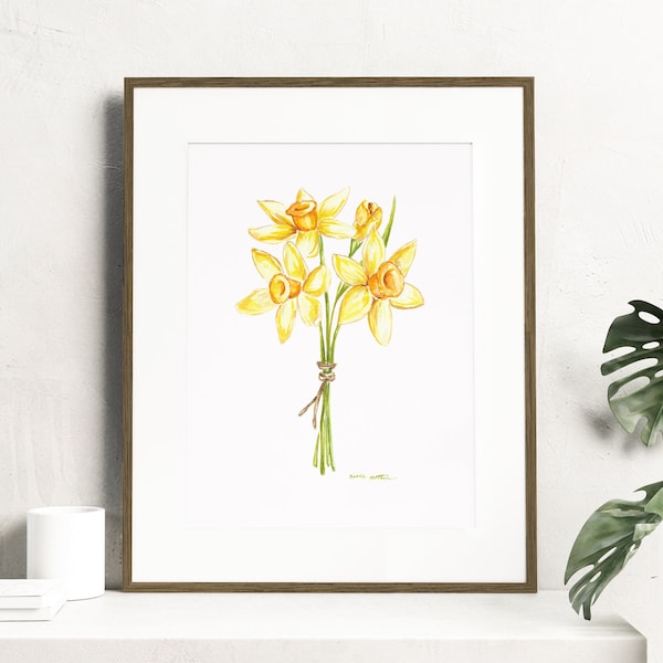 Aquarell Narzisse Blumen - Botanische Kunst Aquarell, Geburtsmonat Blumen - März