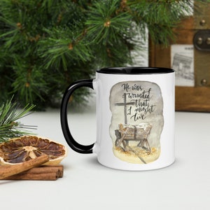 Manger and Cross Christmas watercolor mug | Christian gifts, Handlettering Christmas Hymn handlettered quote mug