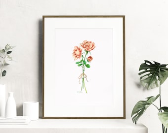 Akwarela kwiaty róży - Botanical Art Watercolor, kwiaty miesiąca urodzenia - czerwiec