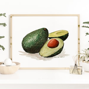 Avocado watercolor print - fruit still life, colorful avocado painting