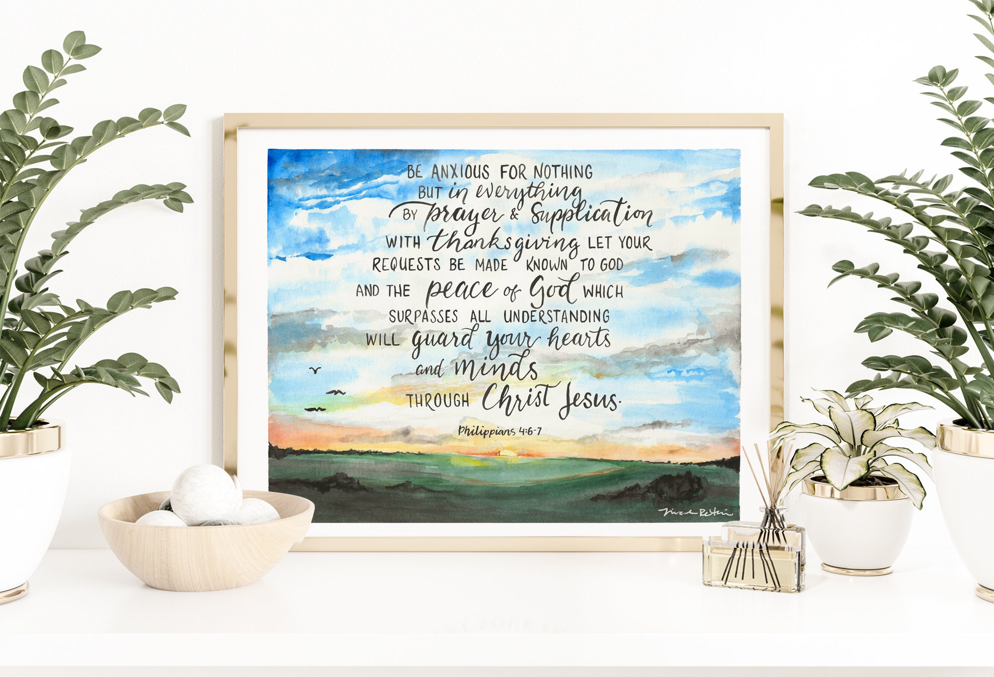 Be Anxious For Nothing watercolor print - Philippians 4:6-7, handlettering  Bible verse, Kansas landscape