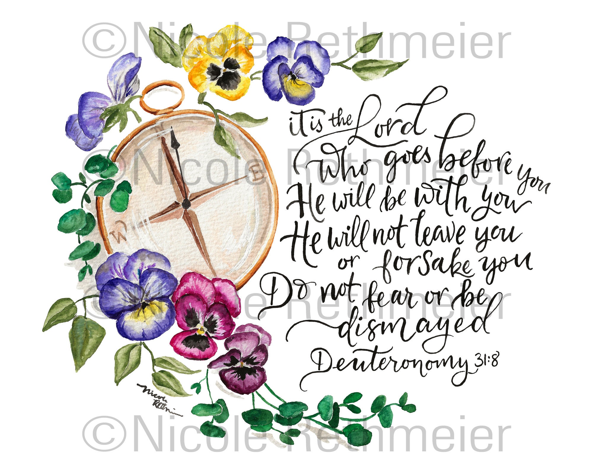 Pansies and Compass Scripture Verse Watercolor Print - Deuteronomy 31:8 ...
