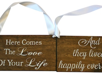 Here comes the Love of your Life Sign | They Lived Happily Ever After | Rustic Wedding | Ring Bearer Custom Sign | Rustic Wedding Signs