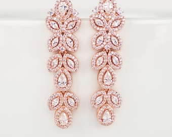 CZ Crystal Rose Gold Earrings | Bridal Jewelry | Bridesmaid Earrings| Zirconia Bridal Earrings | Zircon Wedding Jewelry | Long Earrings