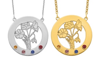 Personligt halsband med födelseblomma, födelsesten, personligt graverade smycken med födelseblomma, unik födelsedagspresent till mamma, meningsfulla presenter till mormor