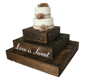 Rustic Wedding Cake Stand | 3 Tier Distressed Cupcake Stand | Farmhouse Decor in Dark Walnut & White | Woodland Photo Prop