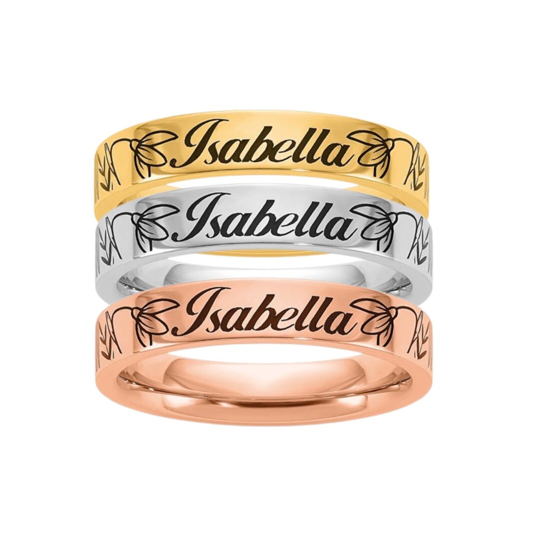 Personalized Birth Flower Ring Custom Birth Month Flower Name Engraved ...