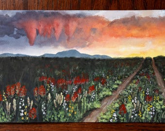 Donde la luz se desvanece / Paisaje original al atardecer / Pintura de un campo de flores silvestres / 6x12