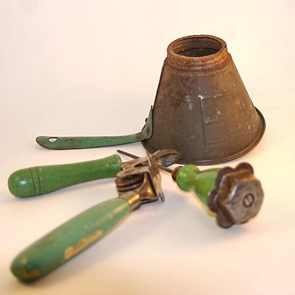 30s to 40s Green Handle Kitchen Tools Group Icepick Melonballer Funnel and Knife Sharpener
