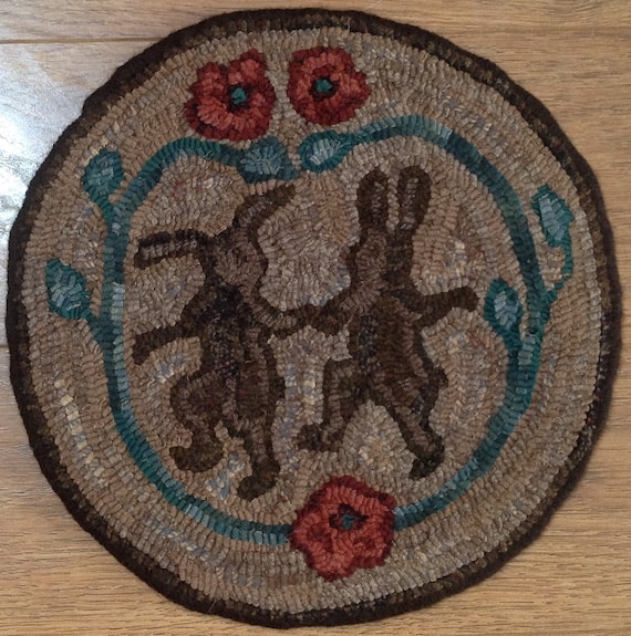 Rug Hooking Pattern for Dancing Rabbits Chair Pad, on Monks Cloth or Primitive Linen, P108