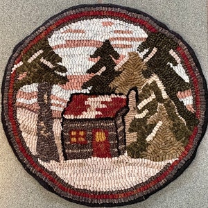 Rug Hooking Pattern "Winter Cottage" Chair Pad, on Monks Cloth or Primitive Linen, Hooked Table Mat, Fall Hooked Rug, Primitive Cottage P181