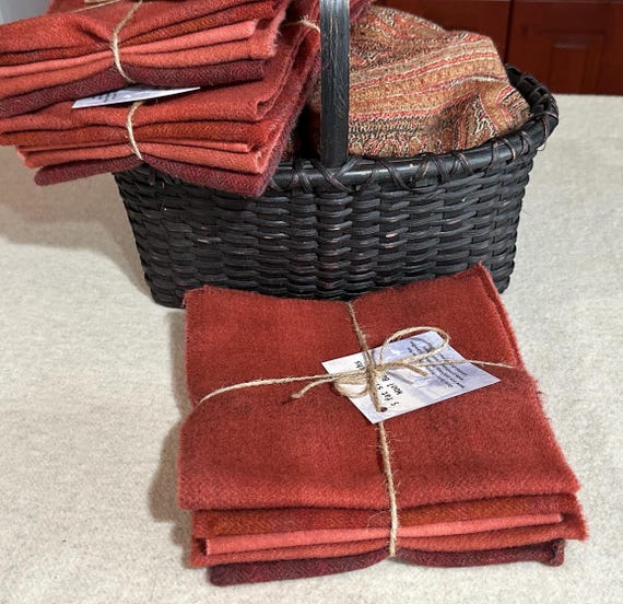 Primitive Coral/Rose Bundle, Hand-Dyed 100% Wool Fabric for Rug Hooking, Applique, Penny Rugs, Quilting, Coral/Rose Five 1/16 Yd Pieces W718