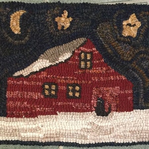 May include: A red cabin with a snowy roof and three windows sits in a snowy landscape under a dark blue night sky with stars and a crescent moon. Two green trees are on either side of the cabin.