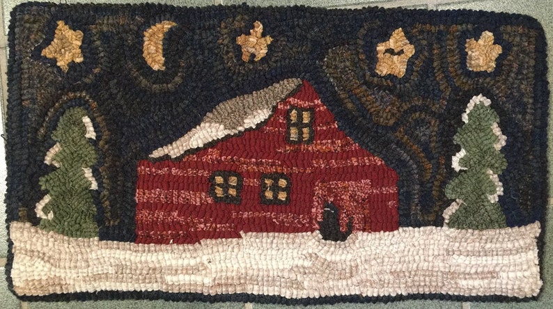 May include: A red cabin with a snowy roof and three windows sits in a snowy landscape under a dark blue night sky with stars and a crescent moon. Two green trees are on either side of the cabin.