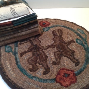Dancing Rabbits, Primitive Rug Hooking Kit for  14 " Round Chair Pad  K102