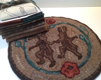 Dancing Rabbits, Primitive Rug Hooking Kit for  14 " Round Chair Pad  K102