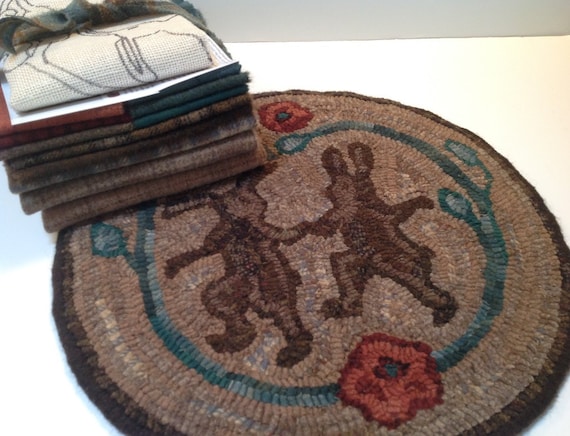 Dancing Rabbits, Primitive Rug Hooking Kit for  14 " Round Chair Pad  K102