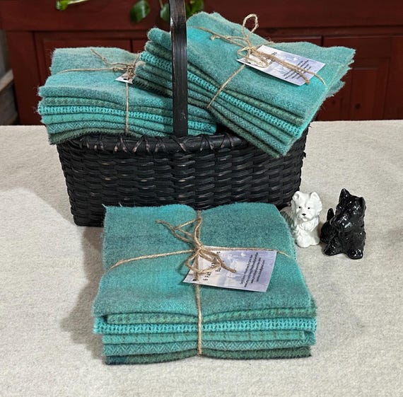 Turquoise Harmony II Wool Bundle, Hand-dyed Wool Fabric for Rug Hooking, Applique, Penny Rugs, Quilting, Jade,  6 Fat 1/16 Yd Pieces W728