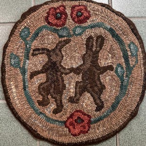 Rug Hooking Pattern for Dancing Rabbits Chair Pad, Wall Hanging, Table Mat, Monks Cloth or Primitive Linen, P108