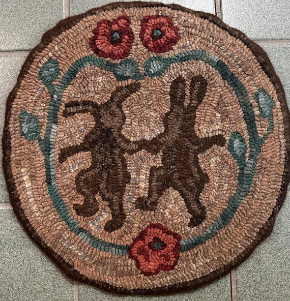 Rug Hooking Pattern for Dancing Rabbits Chair Pad, Wall Hanging, Table Mat, Monks Cloth or Primitive Linen, P108