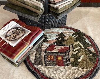 Cabaña de invierno, kit de enganche para alfombras, cojín redondo de 35 cm, tapete de mesa con ganchos, alfombra de otoño con ganchos, cabaña primitiva K155