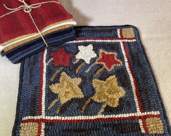 Celebration a  Patriotic Hooked Mat, Rug Hooking Kit, 4th of July, Primitive Stars, Red White and Blue 12" x 12", K 151