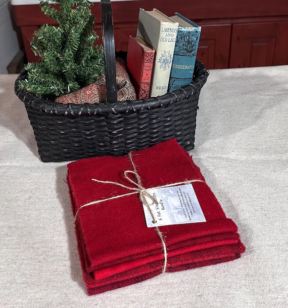 Holiday Red Wool Bundle, Hand-Dyed Wool for Rug Hooking, Applique, Penny Rugs, Quilting, 6 fat 1/16ths,Bright Red, Flower Garden Red  W647
