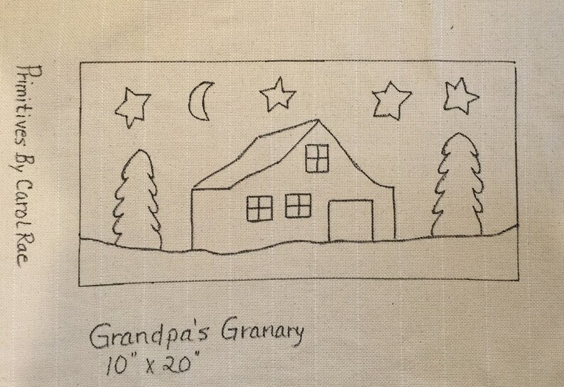 May include: Black and white line drawing of a barn with a moon and stars in the sky. The text "Grandpa's Granary 10" x 20" is below the image. The text "Primitives By Carol Rae" is on the left side of the image.