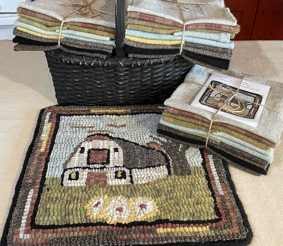 Old Gambrel Barn, Rug Hooking Kit for 12"x12" on Monks Cloth or Primitive Linen, Vintage Barn, Wall Hanging, Chair Pad, Table Mat K157