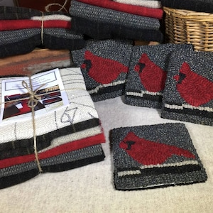 Cardinal Mug Rugs  5 x 5 ,Rug Hooking Kit, Wool Coasters, Coffee Mug Rugs    K134