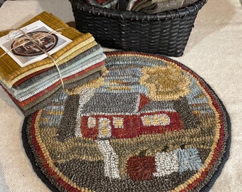 Autumn Cottage, Rug Hooking Kit for ChairPad  14" Round , Hooked Table Mat, Fall Hooked Rug, Primitive Cottage K154