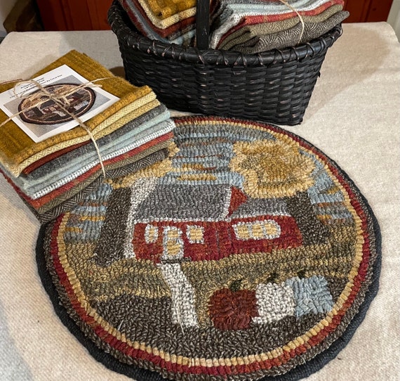 Autumn Cottage, Rug Hooking Kit for ChairPad  14" Round , Hooked Table Mat, Fall Hooked Rug, Primitive Cottage K154