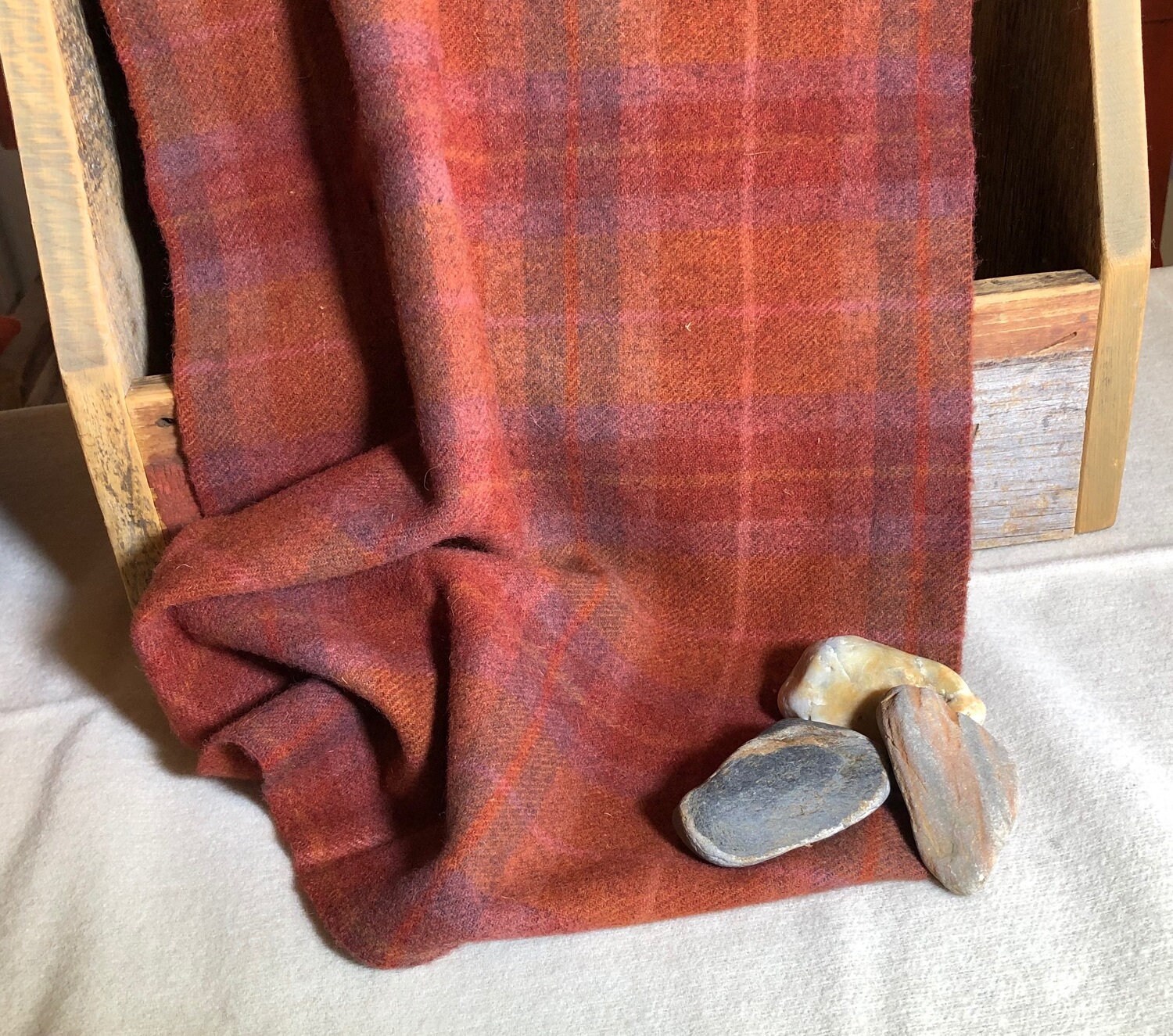 Coral Plaid , Hand Dyed Wool Fabric for Rug Hooking, Applique, Penny