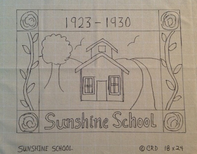 Puede incluir: Dibujo en blanco y negro de una escuela con un &aacute;rbol, un camino sinuoso y el texto "1923-1930" y "Sunshine School".