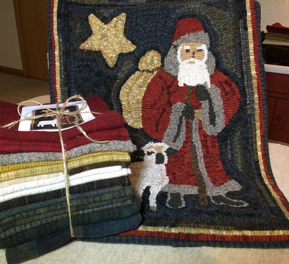 Christmas Shepherd, Rug Hooking Kit for 16" x 24" Primitive Santa Rug, Hooked Christmas Rug, Santa Wall Hanging, Pillow K166