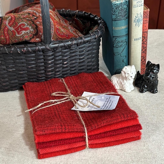 Holiday Red II Wool Bundle, Hand-Dyed Wool for Rug Hooking, Applique, Penny Rugs, Quilting, 5 fat 1/16ths,Bright Red, Flower Garden Red W647