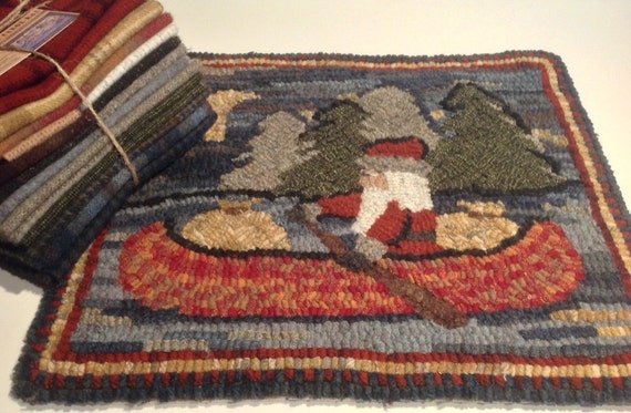 Northwoods Santa, Rug Hooking Kit for 14" x 16" Primitive Santa Rug, Santa in a Canoe, Hooked Christmas Rug, Santa Wall Hanging, Pillow K163