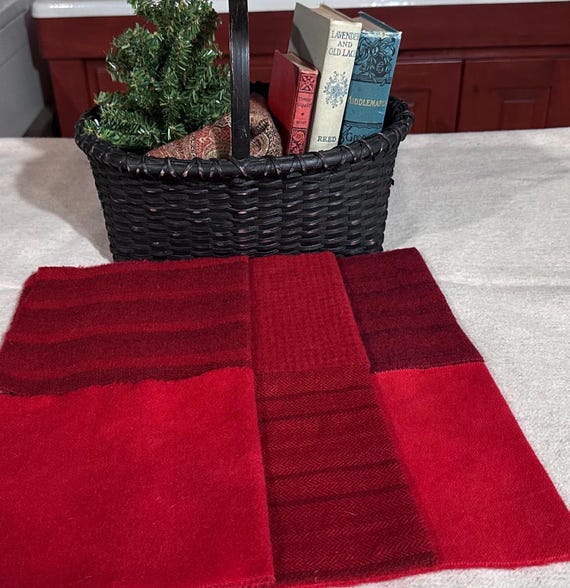 Holiday Red Wool Bundle, Hand-Dyed Wool for Rug Hooking, Applique, Penny Rugs, Quilting, 6 fat 1/16ths,Bright Red, Flower Garden Red  W647