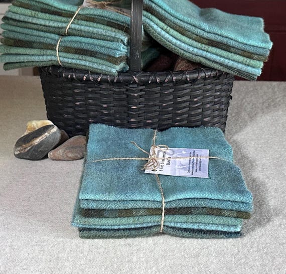 Turquoise Harmony, Wool Bundle, Hand-dyed Wool Fabric for Rug Hooking, Applique, Penny Rugs, Quilting, Primitive Jade 6 Fat 1/16 Pieces W706
