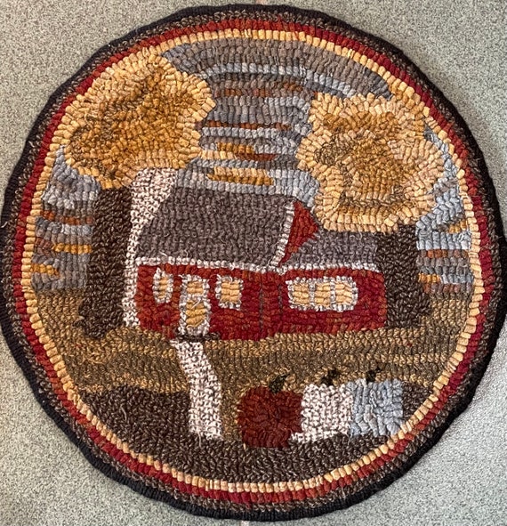 Rug Hooking Pattern "Autumn Cottage" Chair Pad, on Monks Cloth or Primitive Linen, Hooked Table Mat, Fall Hooked Rug, Primitive Cottage P180