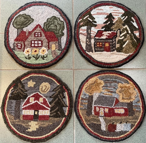 Autumn Cottage, Rug Hooking Kit for Chairpad 14 Round , Hooked Table Mat,  Fall Hooked Rug, Primitive Cottage K154 
