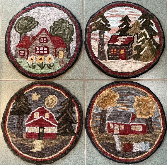 Autumn Cottage, Rug Hooking Kit for Chairpad 14 Round , Hooked Table Mat,  Fall Hooked Rug, Primitive Cottage K154 